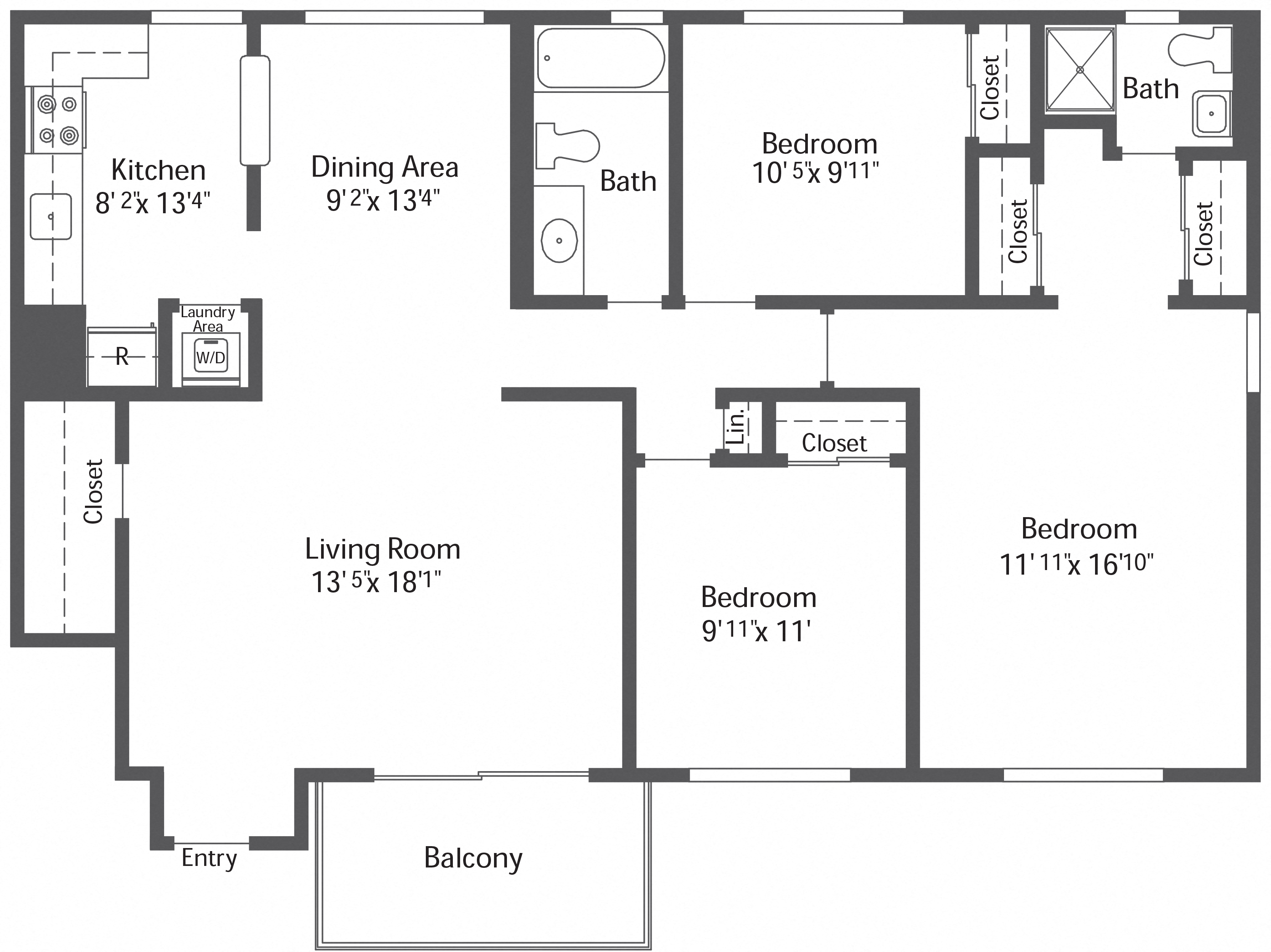 Floor plan for 3 beds, 2 baths, 1190 sqft